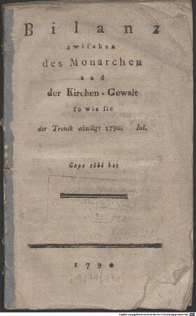 Bilanz zwischen des Monarchen und der Kirchen-Gewalt