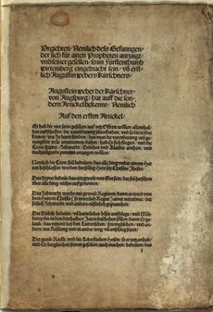 Vrgichten, Nemlich dess Gefangenen, der sich für ainen Propheten antzaigt, vnd seiner gesellen, so im Fürstenthumb wirtenberg eingebracht sein : vn[d] erstlich Augustin webers Kürschners, ...