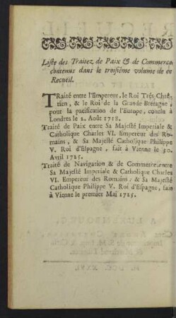 Liste des traitez de paix & de commerce