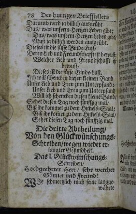 Die dritte Abtheilung/ Von den Glückwünschungs-Schreiben/ wegen wieder erlangter Gesundheit.