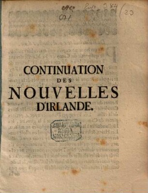 Continuation des Nouvelles d'Irlande 19 Aoust 1690
