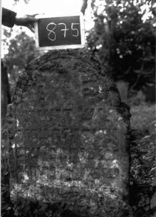Grabstein 875 (Index: 100102989) Material: Sandstein Zustand: teilweise stark verwittert Maße HxBxT: 97x64x15 cm Beschreibung: Stele, eingezogener Rundbogenabschluss, Schriftfeld eingetieft, im Bogenfeld winzige Levitenkanne Symbolik: Levitenkanne: Grabstein 875