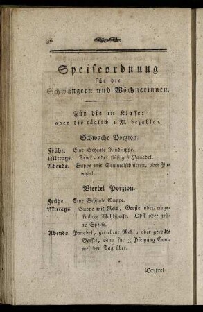 Speiseordnung für die Schwangern und Wöchnerinnen.