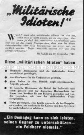 Anglo-amerikanisches Abwurf-Flugblatt mit einem Zitat Hitlers über "militärische Idioten" bei den Alliierten in Gegenüberstellung zum realen Kriegsverlauf