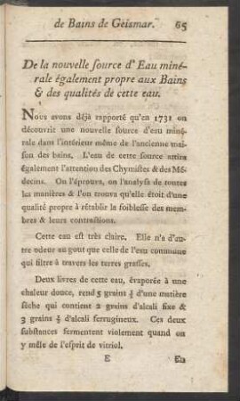 De la nouvelle source d'Eau minérale également propre aux Bains & des qualités de cette eau