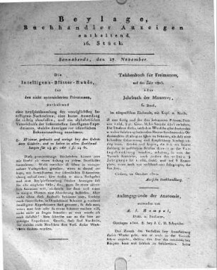 1802-11-27 : Beylage, Buchhändler Anzeigen enthaltend. 16. Stück.