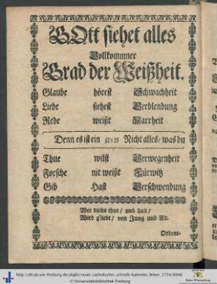 Gott siehet alles Vollkommner Grad der Weißheit.