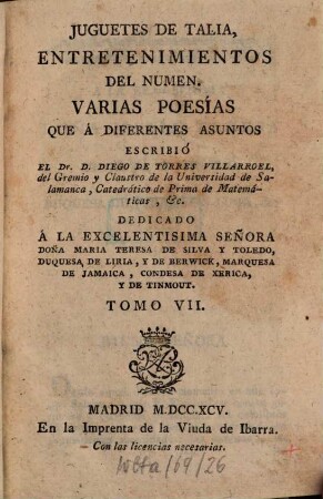 Juguetes De Talia, Entratenimientos Del Numen : Varias Poesías