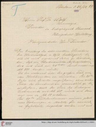 Briefe von Otto Toepfer an Max Wolf: Brief von Otto Toepfer von Werkstätten für Wissenschaftliche Instrumente Otto Toepfer & Sohn (Potsdam) an Max Wolf