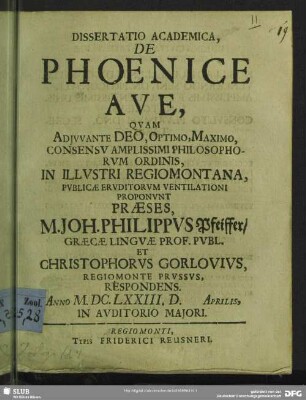 Dissertatio Academica, De Phoenice Ave