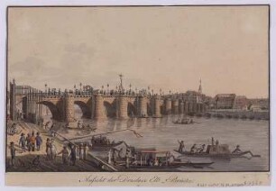 Ansicht der Dresdner Elb-Brücke. - [S.l.] , [ca. 1830] : Ansicht der Dresdner Elb-Brücke. - [S.l.] , [ca. 1830]. - 1 Kunstblatt : color. Kupferst. ; 23 x 14 cm
