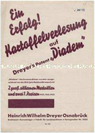 "Dreyer's Patent Diadem" Kartoffelsortier- und Verlesemaschine