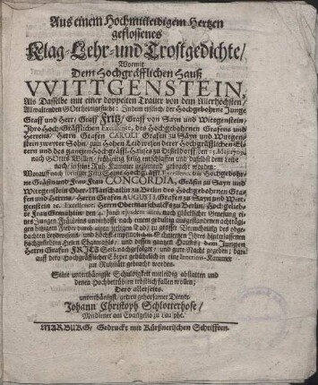 Aus einem Hochmitleidigen Hertzen geflossenes Klag- Lehr- und Trostgedichte