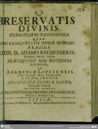 De Reservatis Divinis Exercitatio Theologica