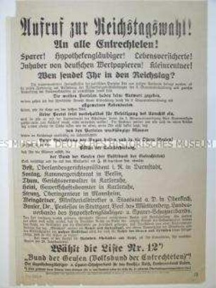 Maueranschlag mit Wahlaufruf für den Bund der Entrechteten zur Reichstagswahl 1924