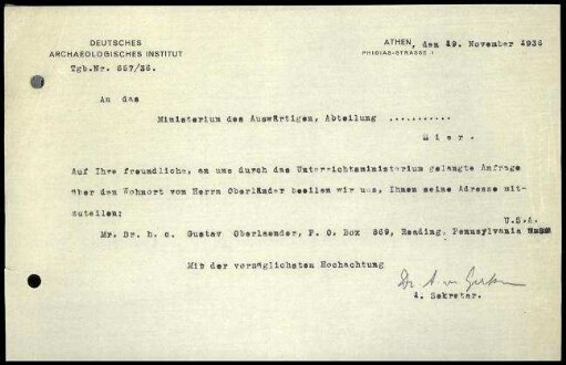 A. von Gerkan an griechisches Außenministerium