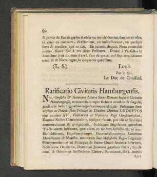 Ratificatio Civitatis Hamburgensis. / Ratification der Stadt Hamburg.