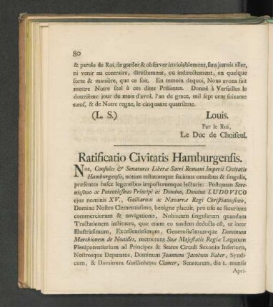 Ratificatio Civitatis Hamburgensis. / Ratification der Stadt Hamburg.