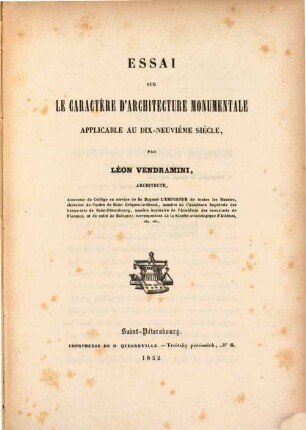 Essai sur le caractère d'architecture monumentale applicable au dix-neuvième siècle
