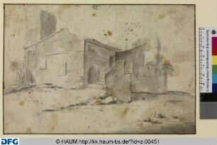 Einstöckiges italienisches Haus mit halbzerstörtem viereckigen Turm