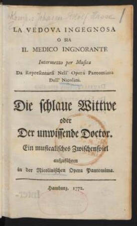 La Vedova Ingegnosa O Sia Il Medico Ingnorante : Intermezzo per Musica ; Da Representarsi Nell' Opera Pantomima Dell' Nicolini