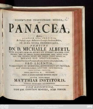 Dissertatio Inauguralis Medica, De Panacea
