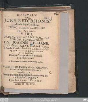 Disputatio De Iure Retorsionis. adversus iniurias verbales