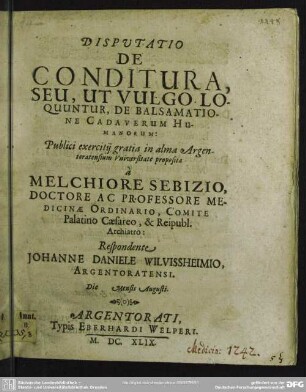Disputatio de conditura, seu, ut vulgo loquuntur, de balsamatione cadaverum humanorum