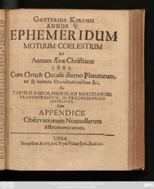 5: Cum Appendice Observationum Nonnullarum Astronomicarum