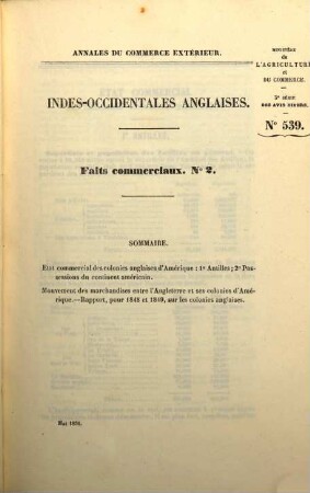 Annales du commerce extérieur. Indes-Occidentales anglaises et possessions britanniques de l'Amérique du Nord. Faits commerciaux. 1/9. 1848/60