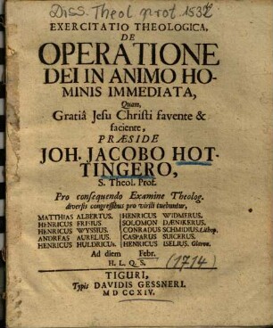 Exercitatio Theologica, De Operatione Dei In Animo Hominis Immediata