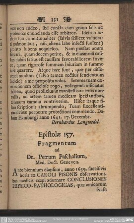 Epistolae 157. Fragmentum ad Dn. Petrum Paschalium, Med. Doct. Geneven