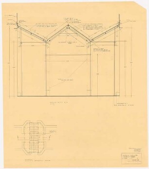 Bundesgartenschau 1955, Kassel: Mittelteil der Orangerie, Abdeckung mit Rohrgerüst 1:100, 1:20