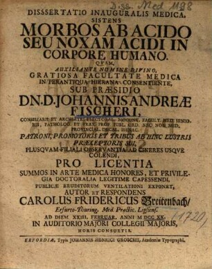 Dissertatio Inauguralis Medica, Sistens Morbos Ab Acido Seu Noxam Acidi In Corpore Humano