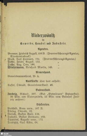 Niederzwönitz. Berufsklassen und Gewerbebetriebe : Niederzwönitz in Gewerbe, Handel und Industrie