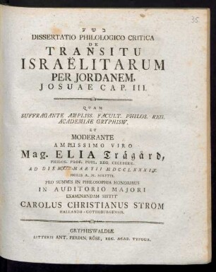 Dissertatio Philologico Critica De Transitu Israëlitarum Per Jordanem, Josuae Cap. III