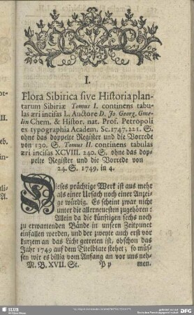 I. Flora Sibirica sive Historia plantarum Sibiriae ... Auctore D. Jo. Georg. Gmelin Chem. & Histor. nat. Prof. Petropoli ex typographia Academ. ... 1749