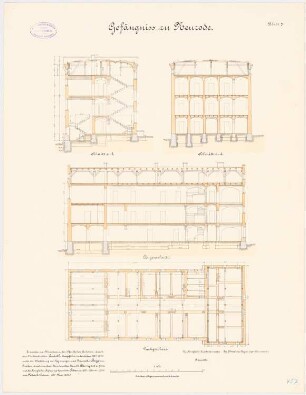 Amtsgericht und Gefängnis, Neurode: Gefängnis: Grundriss Dachgeschoss, Längsschnitt, Querschnitte 1:100