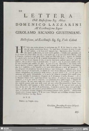 Lettera Domenico Lazzarini - Girolamo Ascanio Giustiniani