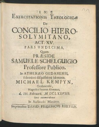 Exercitationis Theologicae De Concilio Hierosolymitano, Act. XV. Pars Undecima