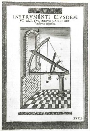 Ortsfestes Winkelmeßinstrument zur Höhenbestimmung von Sternen : Brahe, Tycho de. Ortsfestes Winkelmeßinstrument zur Höhenbestimmung von Sternen (vor 1572). Kol. Holzschnitt; 297 x 204 mm. Aus: Brahe, Tycho de. Astronomiae instauratae mechanica. Wandsbek, 1598, Abb. 19. Dresden: SLUB SB 14