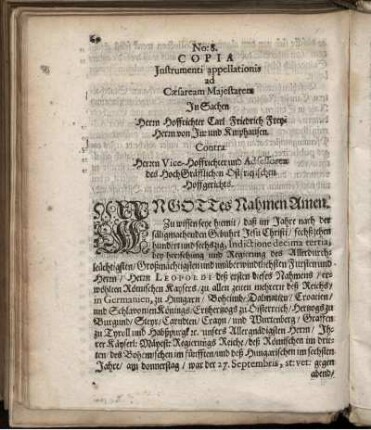 No: 8. Copia Instrumenti appellationis ad Caesaream Maiestatem ...