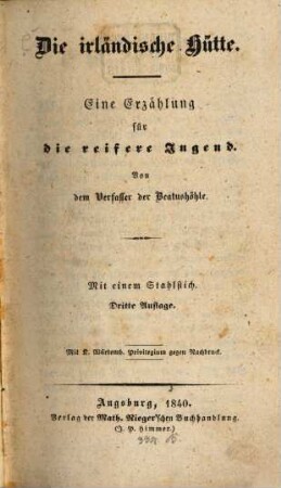 Die irländische Hütte : eine Erzählung für die reifere Jugend