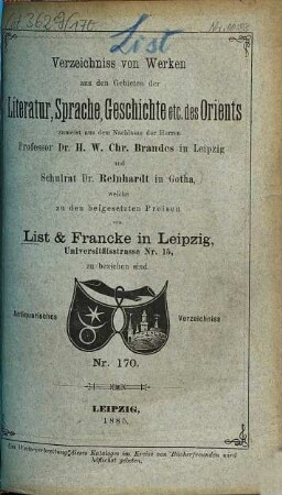 Lager-Verzeichnis. 170. 1885