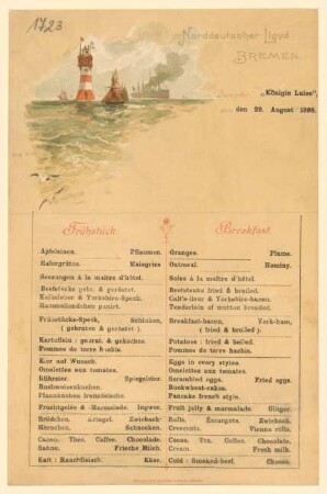 Menükarte : Frühstück, Dampfer "Königin Luise"