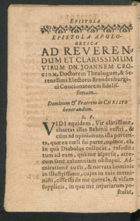 Epistola Apologetica Ad ... Dn. Joannem Crocium ...