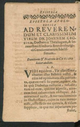 Epistola Apologetica Ad ... Dn. Joannem Crocium ...