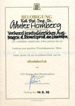 Anerkennungsurkunde für eine Erfindung