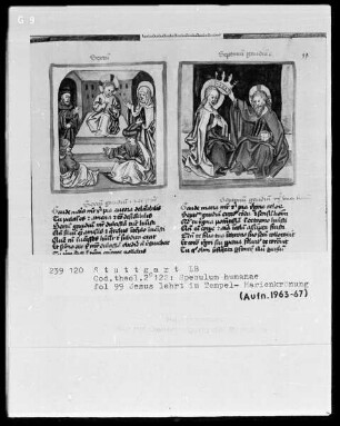 Zwei Schriften — Speculum humanae salvationis — Textseite mit zwei Miniaturen, Folio 99recto