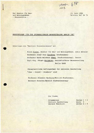 Materialien: Pressekonferenz 13.08.1984 zum IBA-Berichtsjahr 1984